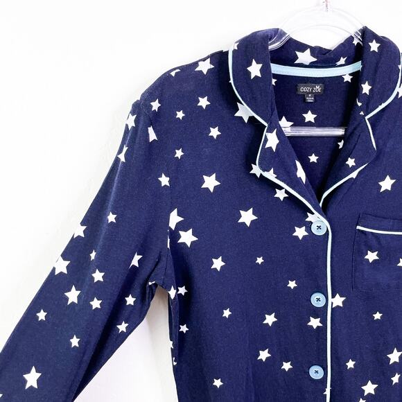 Cozy Zoe Star Print Button Front Long Sleeve Pajama PJ Top Navy Blue size S NWOT - Picture 3 of 11